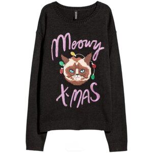 H&M Novelty Embroidered  "Meowy X-Mas" Black Knit Sweater womens sz Medium